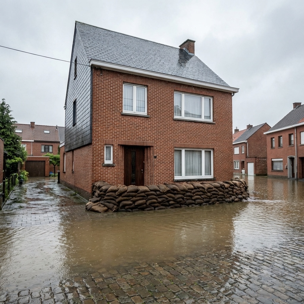 Maison en Belgique protégée par des sacs de sable